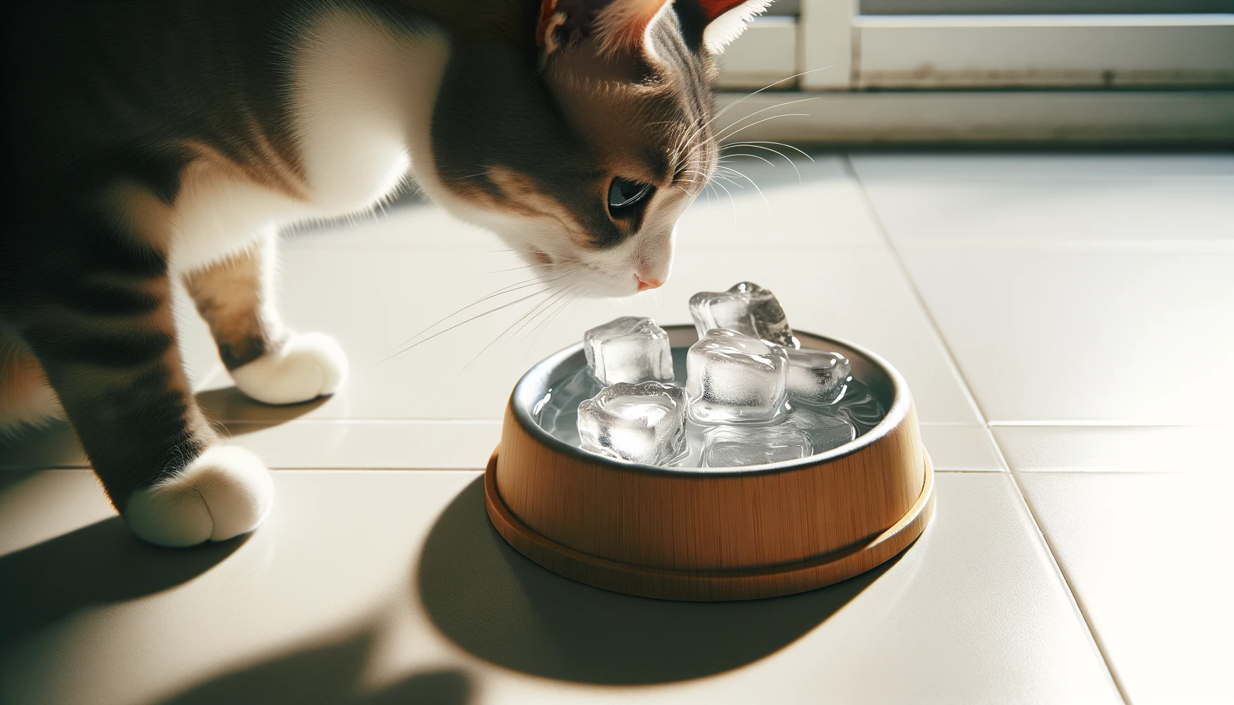 DALL·E 2024-02-22 15.28.31 - A minimalistic image showcasing a cat enjoying a bowl of fresh water with ice cubes on a hot summer day, placed on a cool tiled floor, reflecting the